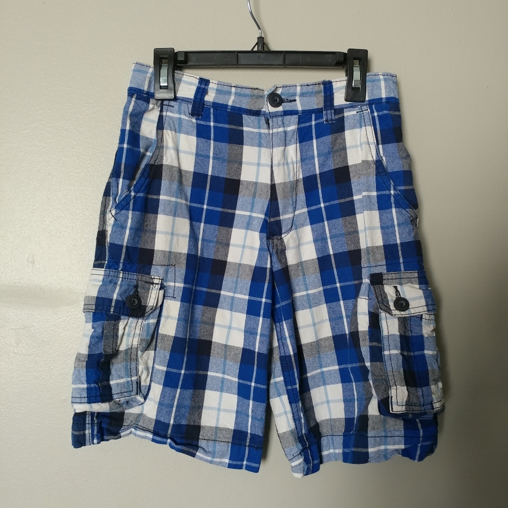 4 for $15 Boys Blue White Black Plaid Shorts Faded Glory